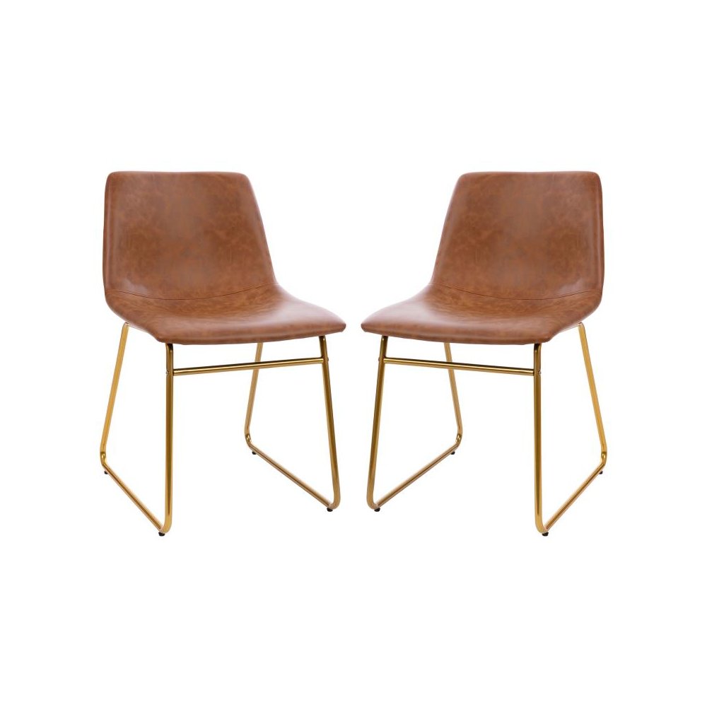 18 inch Dining Table Height Chair, Mid-Back Sled Base Dining Chair in Light Brown LeatherSoft with Gold Frame, Set of 2. Picture 1