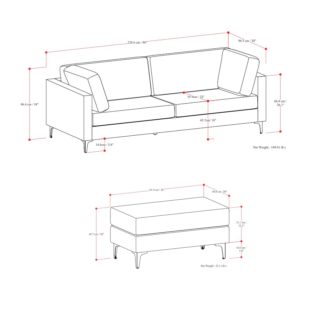 Ava 90-Inch Sofa And Ottoman Set In Tightly Woven Performance Fabric. Picture 6