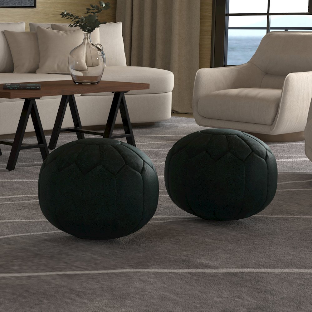 Drury Round Pouf in Teal Patterened Genuine Leather. Picture 5
