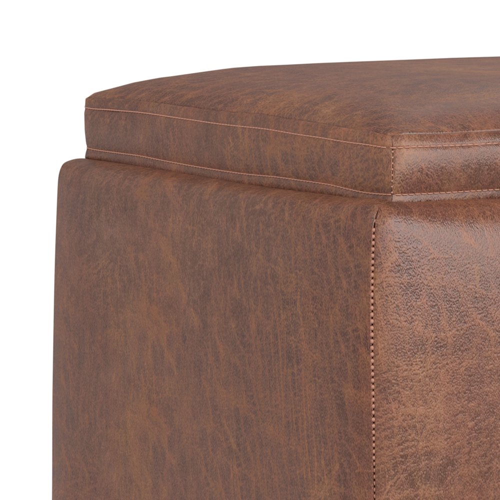 Natasha Storage Ottoman With Tray In Distressed Saddle Brown  Vegan Faux Leather. Picture 4