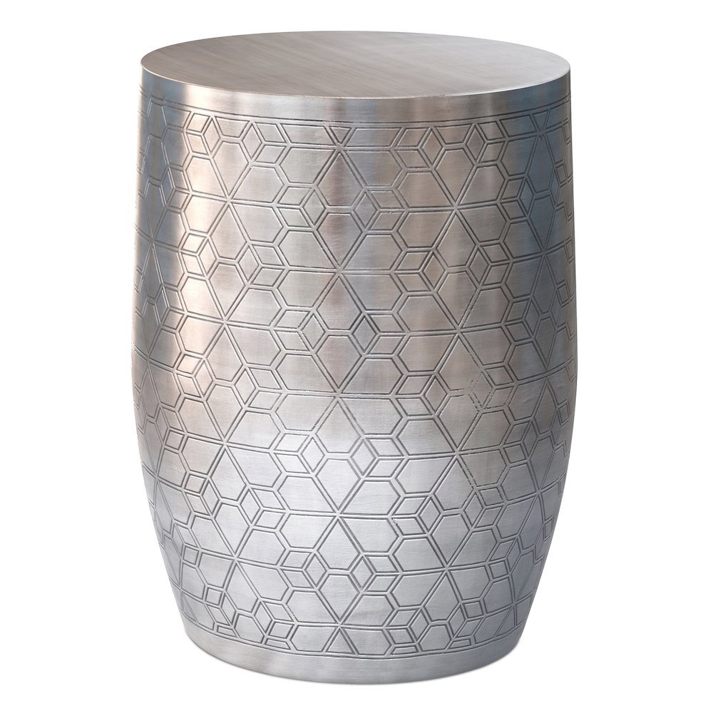 15"W Boho Geometric Pattern Metal Accent Table in Antique Silver Iron, Assembled. Picture 1