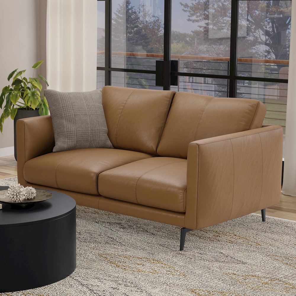 Modern, Mid - Century 60 inch Wide Sofa in Butternut Brown Genuine Leather. Picture 7