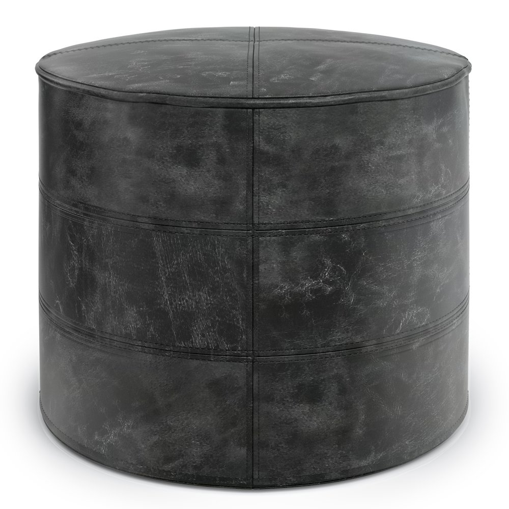 Connor Round Pouf In Distressed Black Genuine Leather. Picture 1