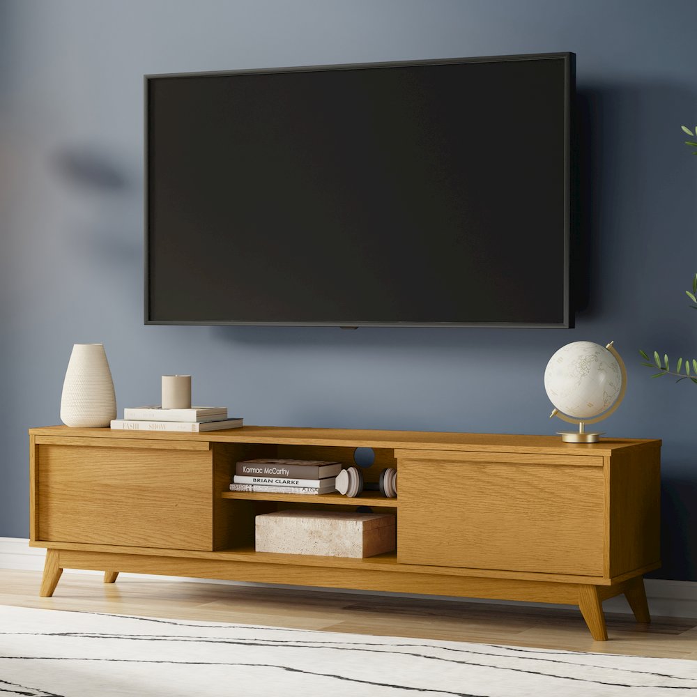Lennon  72 Inch Wide Mid Century Modern Tv Media Stand In Oak Veneer. Picture 7