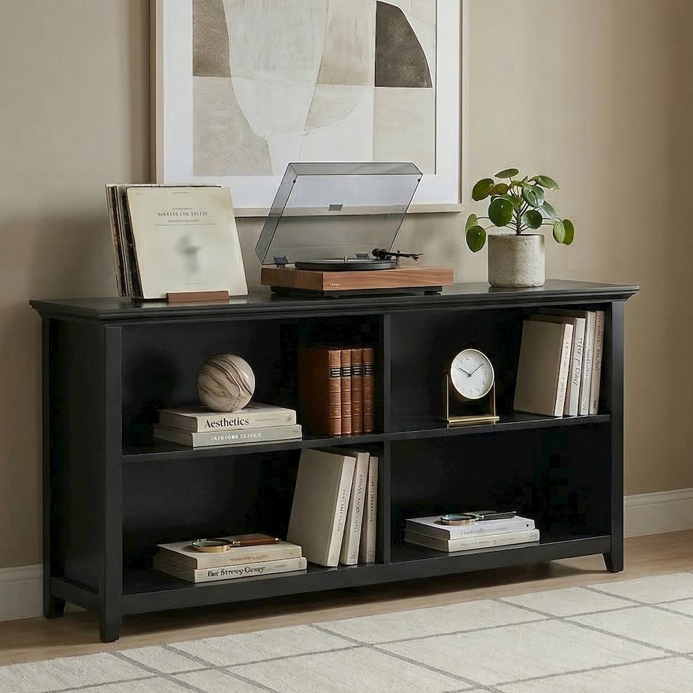 Amherst 64 inch Wide Solid Wood Transitional 4 Shelf Low Bookcase in Black. Picture 2