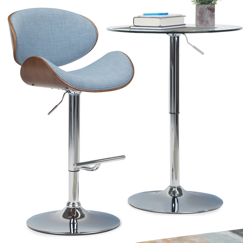 Marana Bentwood Adjustable Swivel Bar Stool In Denim Blue Linen Look Fabric. Picture 5