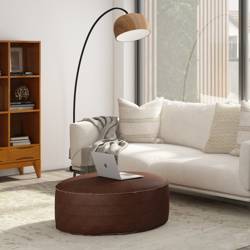 Round Coffee Table Pouf In Distressed Dark Brown Vegan Faux Leather. Picture 5