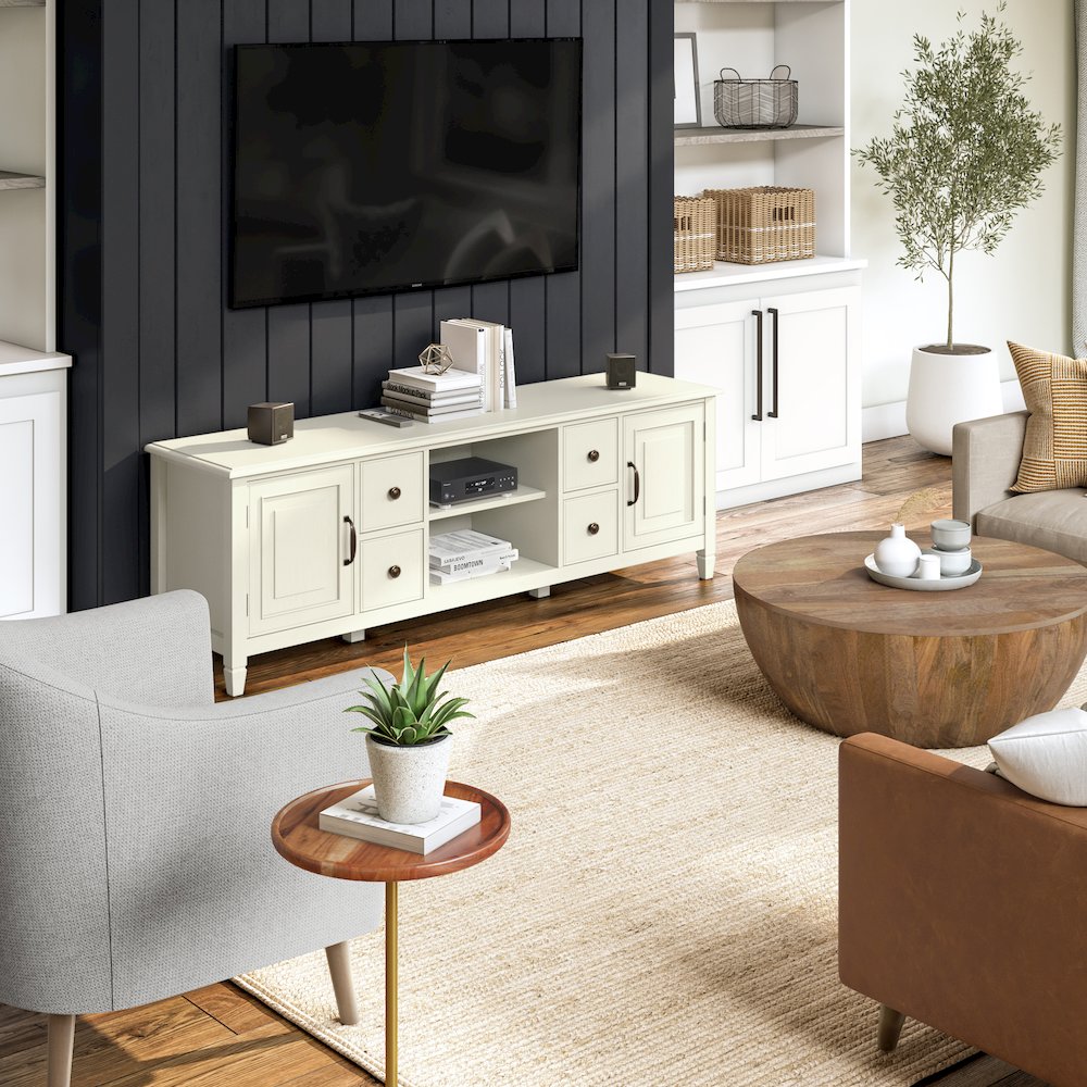 72 Inch Wide Tv Stand In Antique White For Tvs Up To 80 Inches. Picture 5