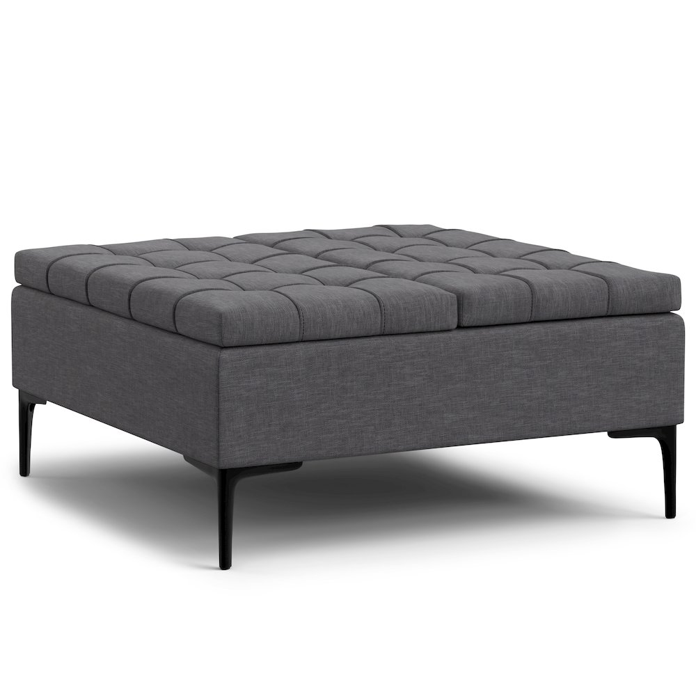 Laura Mid Century Lift Top Storage Ottoman in Slate Grey Polyester Linen. Picture 7