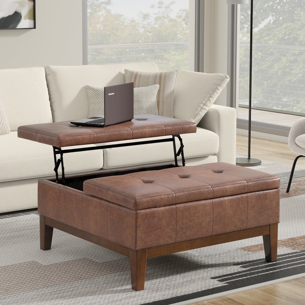 Square Lift Top Coffee Table Storage Ottoman In Distressed Saddle Brown. Picture 7