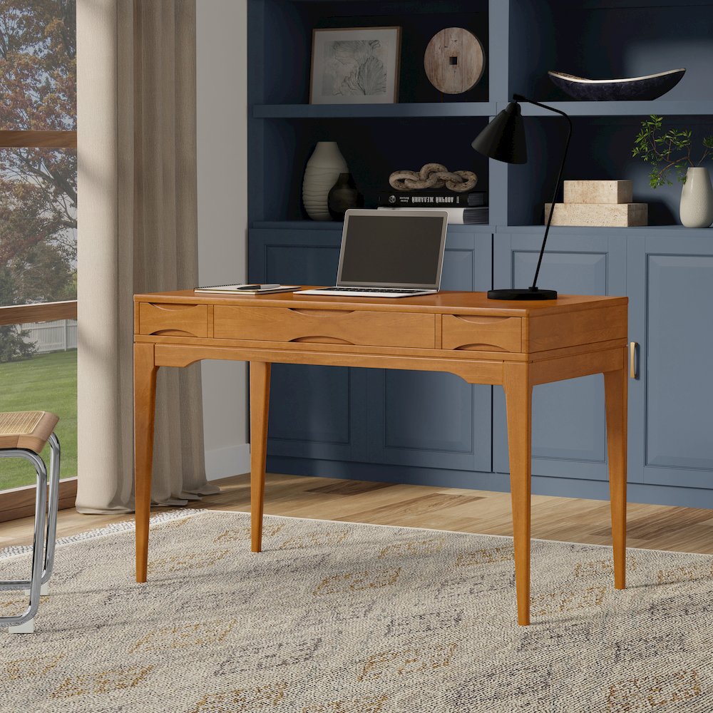48 inch Wide Solid Hardwood Mid-Century Modern Small Desk in Light Golden Brown. Picture 6