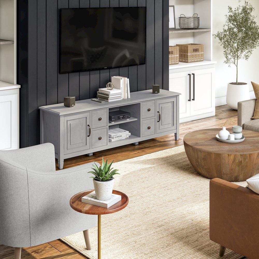 Connaught Solid Wood 72 Inch Wide Tv Stand In Fog Grey For Tvs Up To 80 Inches. Picture 5