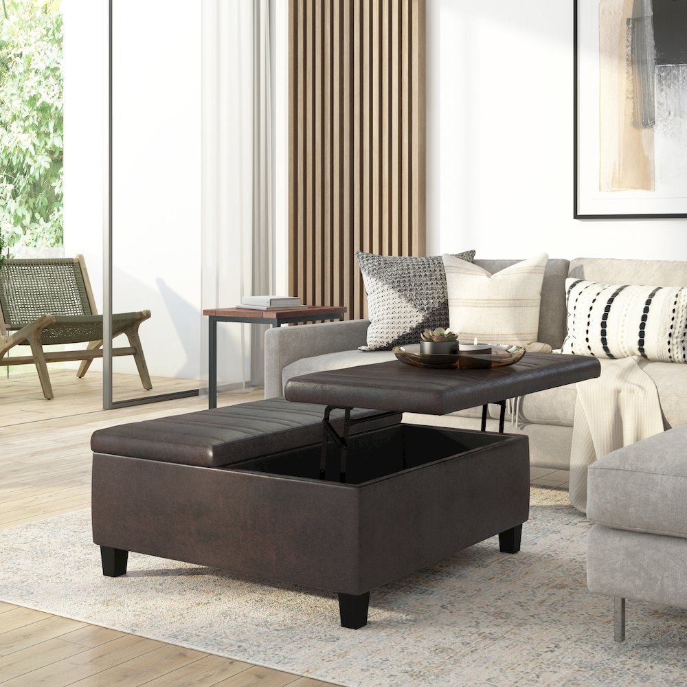 Ellis Coffee Table Storage Ottoman In Distressed Brown Vegan Faux Leather. Picture 5