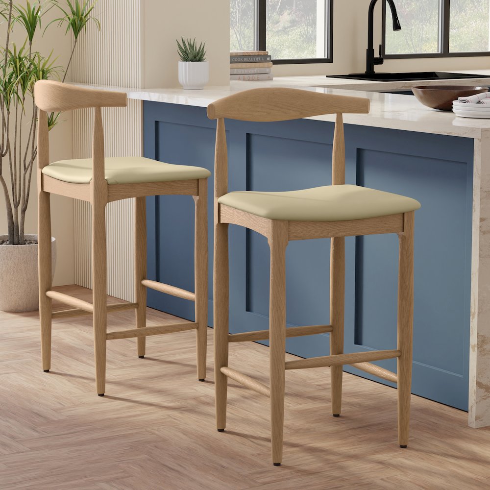 Molly Mid Century Modern Bar Stool in Natural Faux Leather, Fully Assembled. Picture 6
