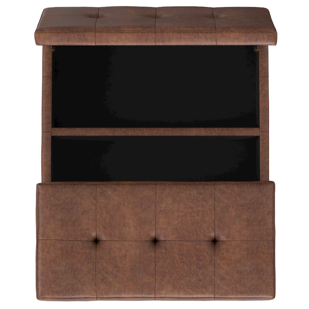Square Lift Top Coffee Table Storage Ottoman In Distressed Saddle Brown. Picture 3