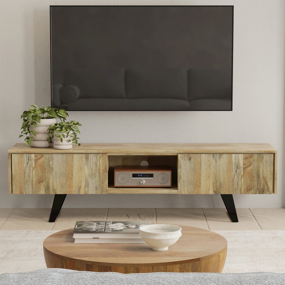Lowry Solid Mango Wood 72 Inch Tv Media Stand In Natural For Tvs Up To 80 Inches. Picture 5