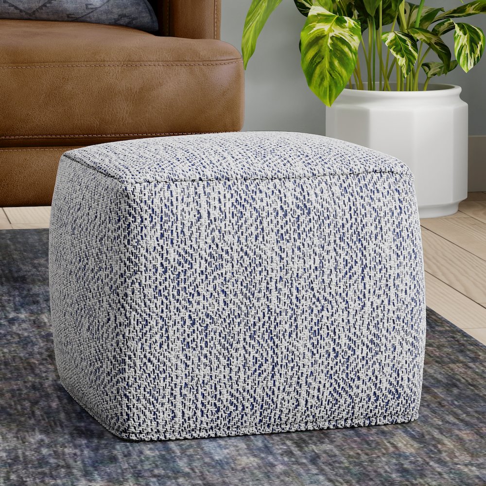 Nate 18 inch Wide Boho Square Pouf in Denim Mélange Cotton. Picture 6