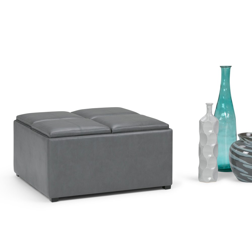 Avalon Square Coffee Table Storage Ottoman In Stone Grey Vegan Faux Leather. Picture 5