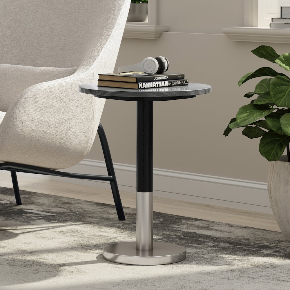 16 inch Wide Modern Side Table in Black Genuine Marble and Black/Silver Iron. Picture 6