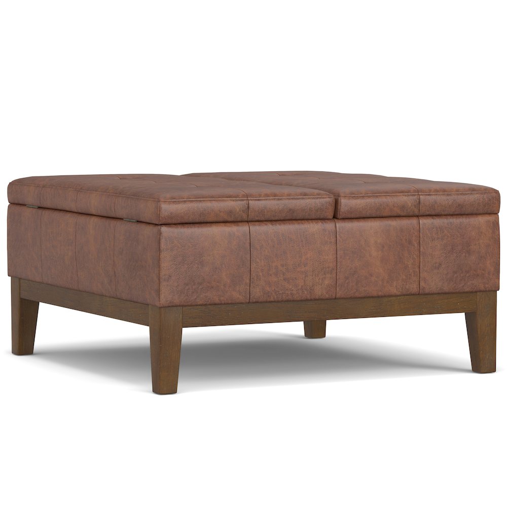 Square Lift Top Coffee Table Storage Ottoman In Distressed Saddle Brown. Picture 2