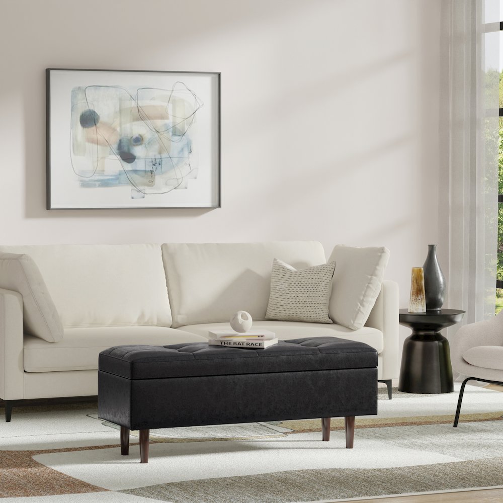 Rectangular Storage Ottoman In Distressed Black Vegan Faux Leather. Picture 5