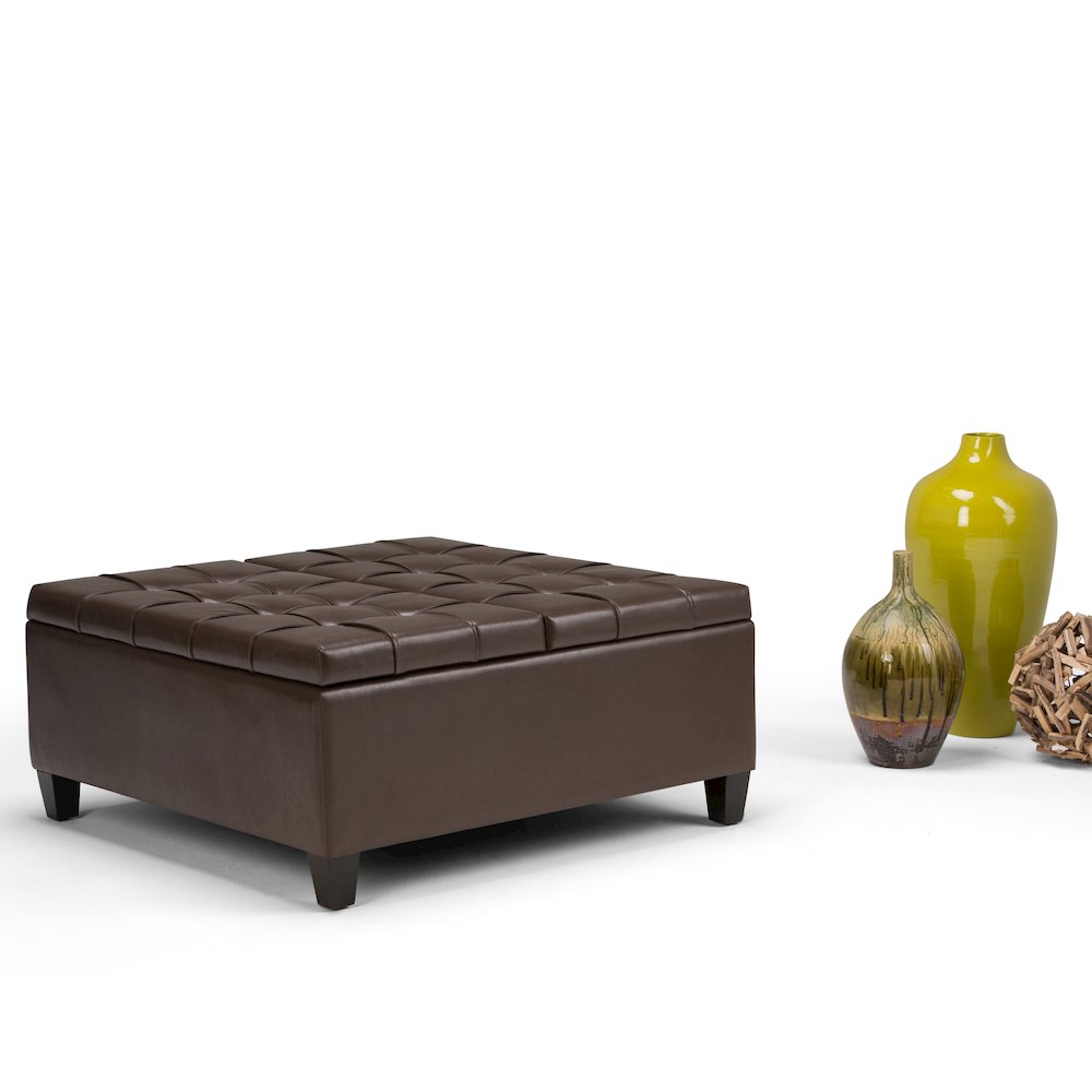 Harrison Coffee Table Storage Ottoman In Chocolate Brown Vegan Faux Leather. Picture 5