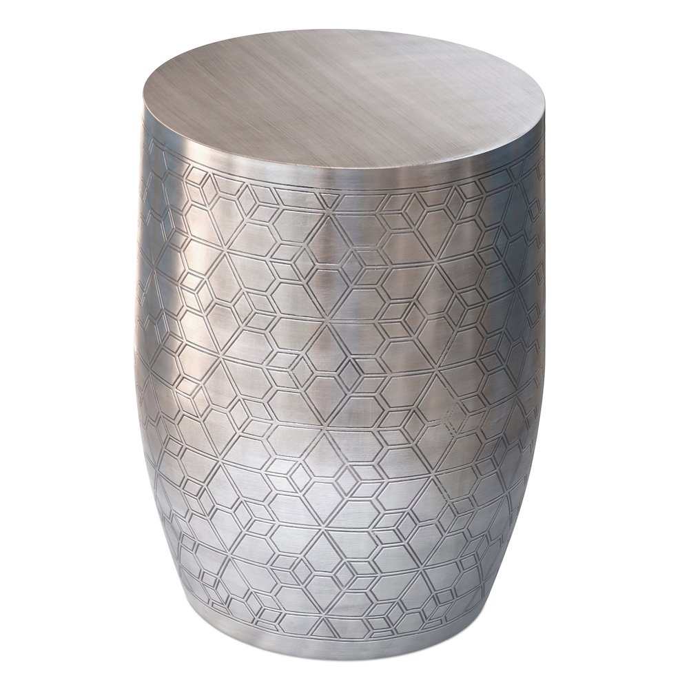 15"W Boho Geometric Pattern Metal Accent Table in Antique Silver Iron, Assembled. Picture 3