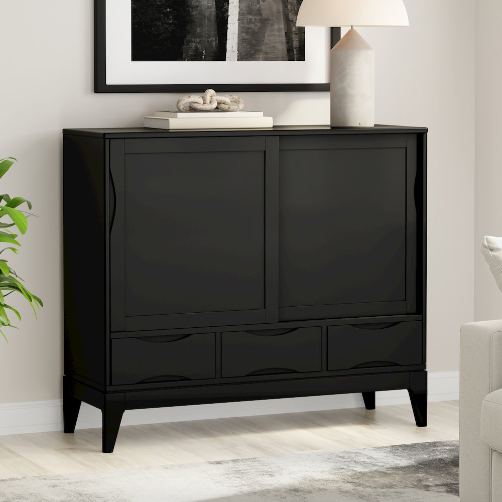 48 inch Wide Solid Hardwood Mid-Century Modern Medium Storage Cabinet in Black. Picture 6