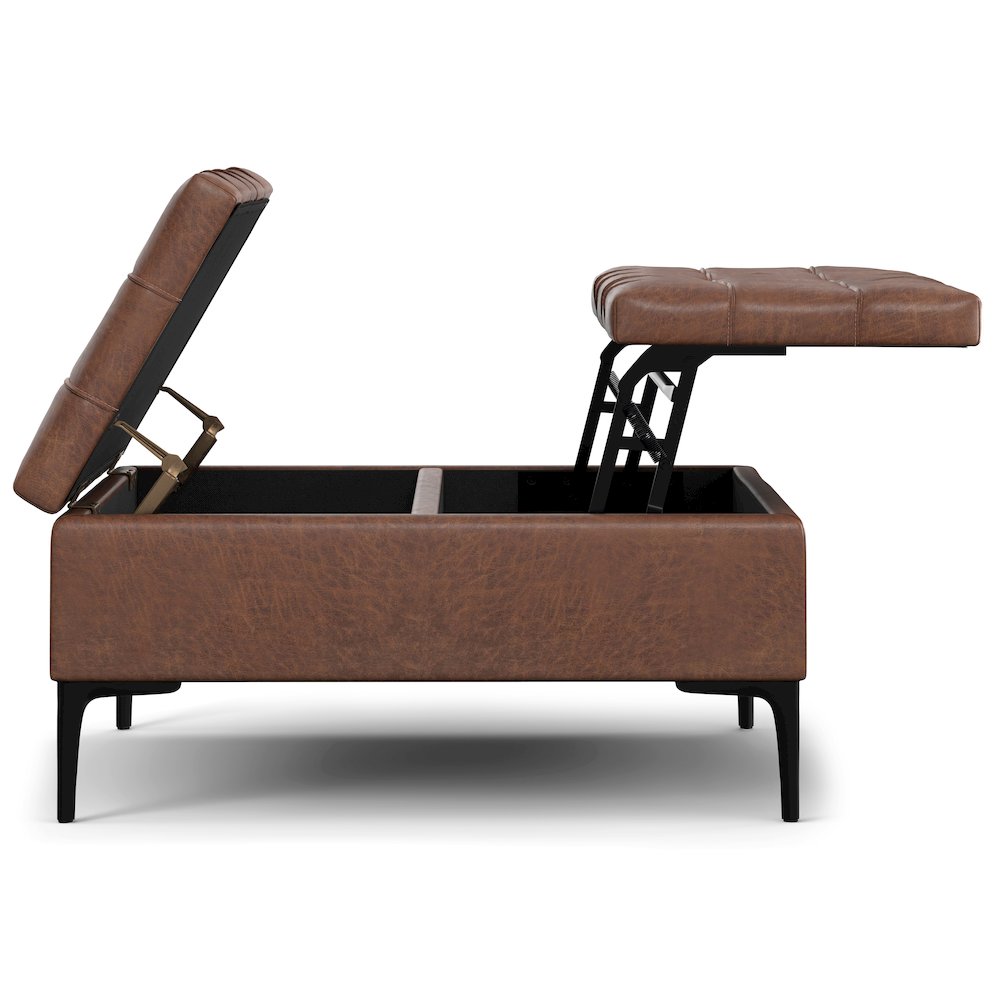 Laura Mid Century Lift Top Storage Ottoman in Distressed Saddle Brown. Picture 3