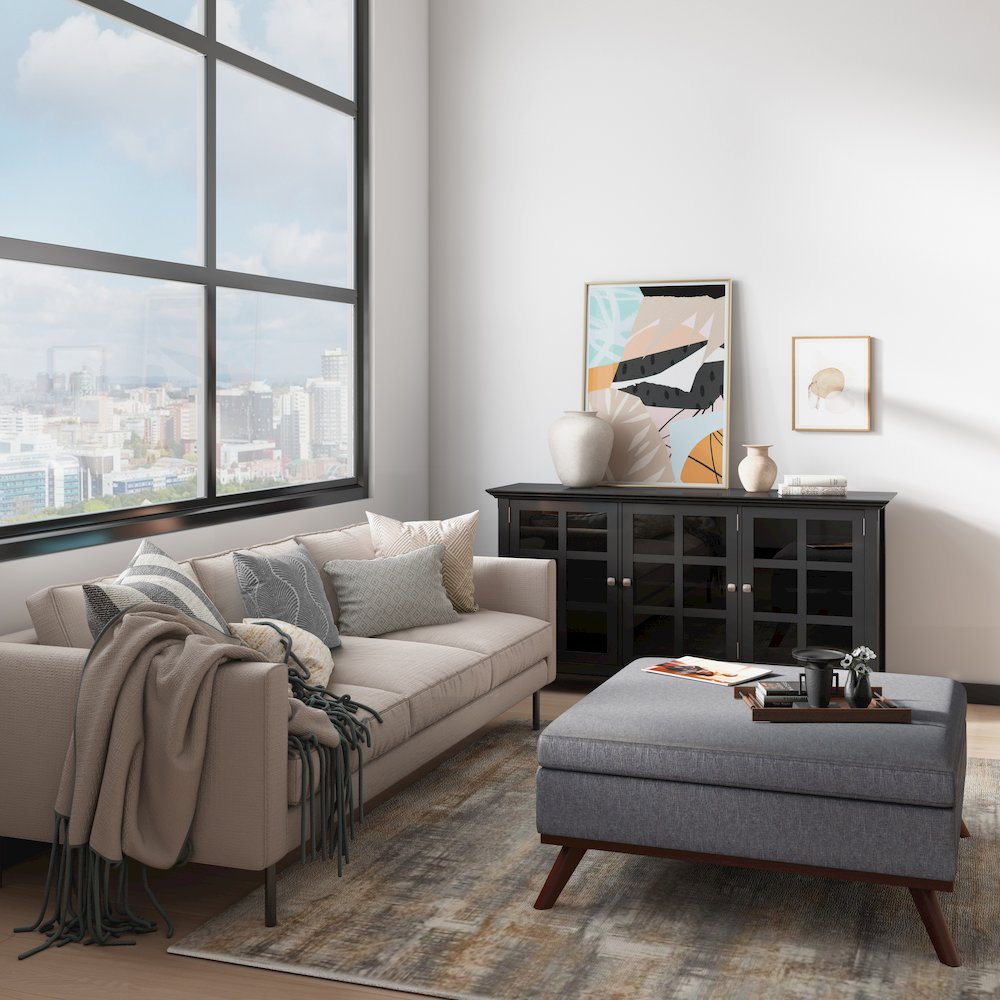 Owen Square Coffee Table Storage Ottoman In Slate Grey Linen Look Fabric. Picture 5