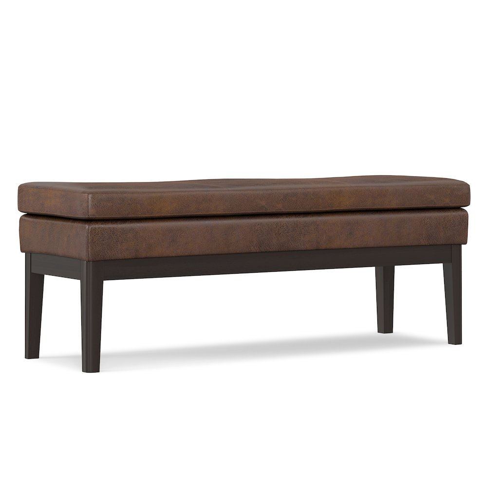 Mid Century Ottoman Bench In Distressed Chestnut Brown Vegan Faux Leather. Picture 1