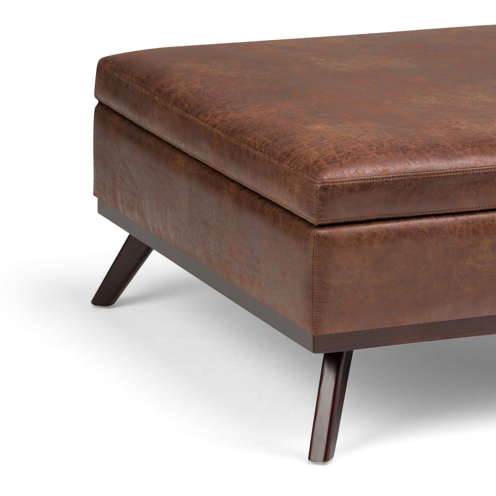 Coffee Table Storage Ottoman In Distressed Saddle Brown Vegan Faux Leather. Picture 4
