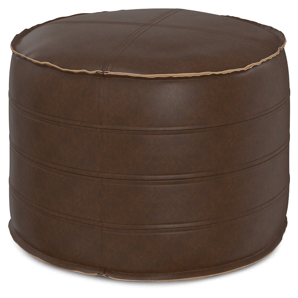 Brody 20 Inch Round Pouf In Distressed Dark Brown Vegan Faux Leather. Picture 1