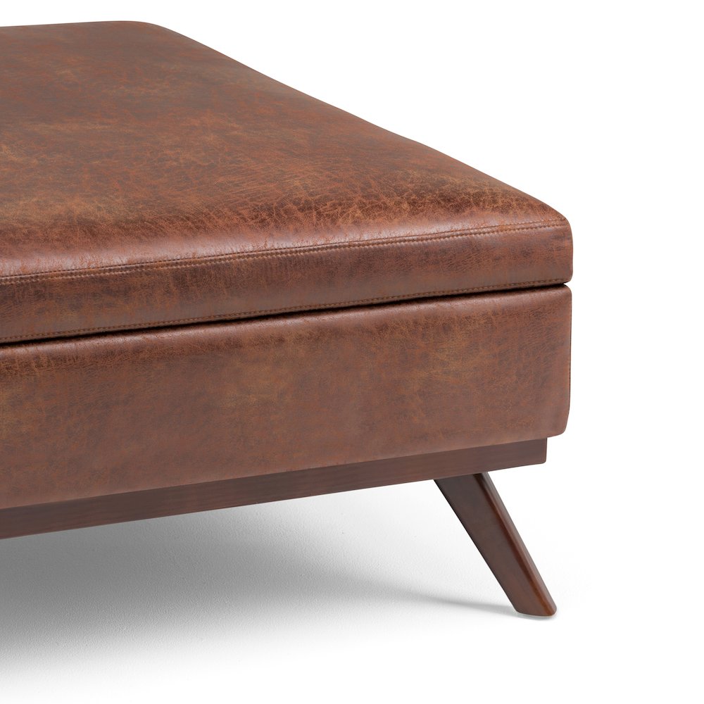 Coffee Table Storage Ottoman In Distressed Saddle Brown Vegan Faux Leather. Picture 3