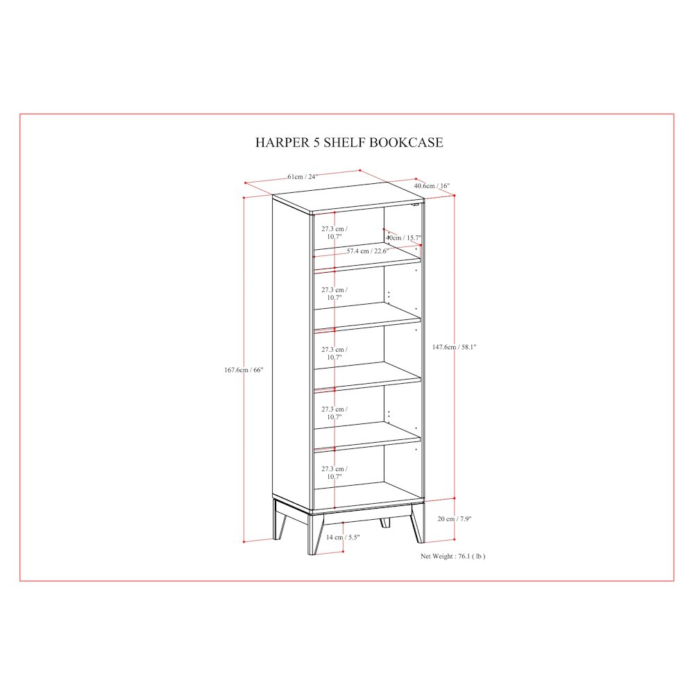 Harper Solid Hardwood 5 Shelf Bookcase In Walnut Brown. Picture 5