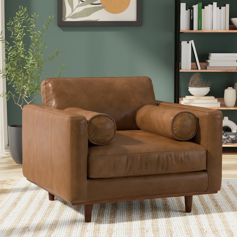 Mid-Century Modern Accent Chair In Caramel Brown Top Grain Genuine Leather. Picture 7