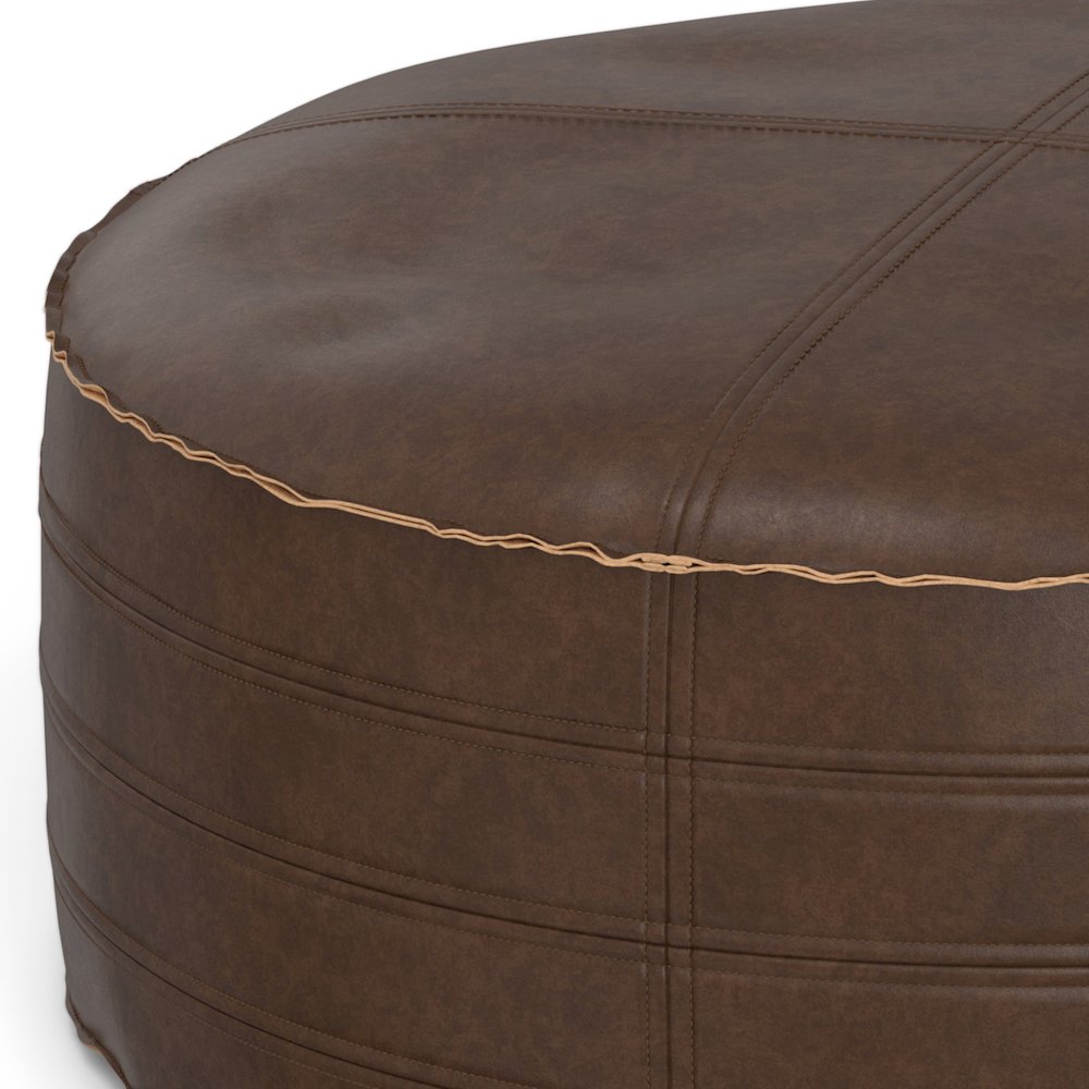 Round Coffee Table Pouf In Distressed Dark Brown Vegan Faux Leather. Picture 4