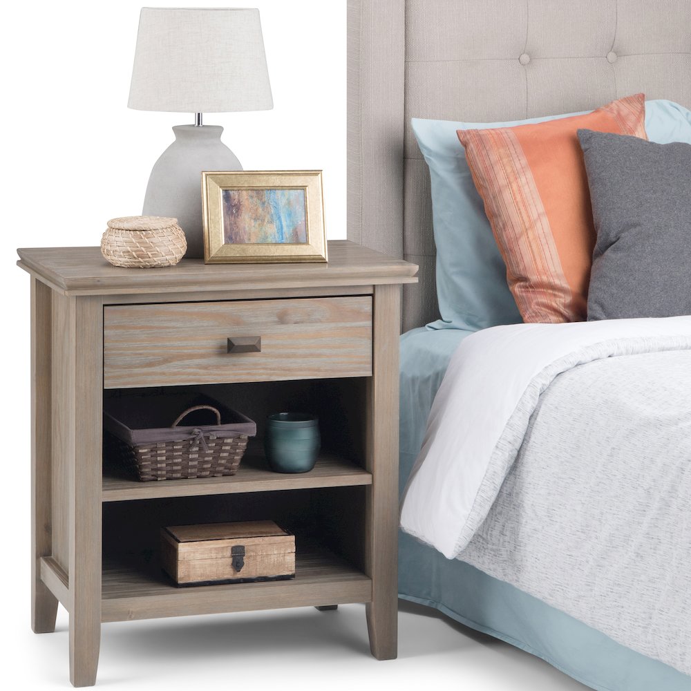 Artisan 24 inch Wide Solid Wood Transitional Bedside Table in Distressed Grey. Picture 5