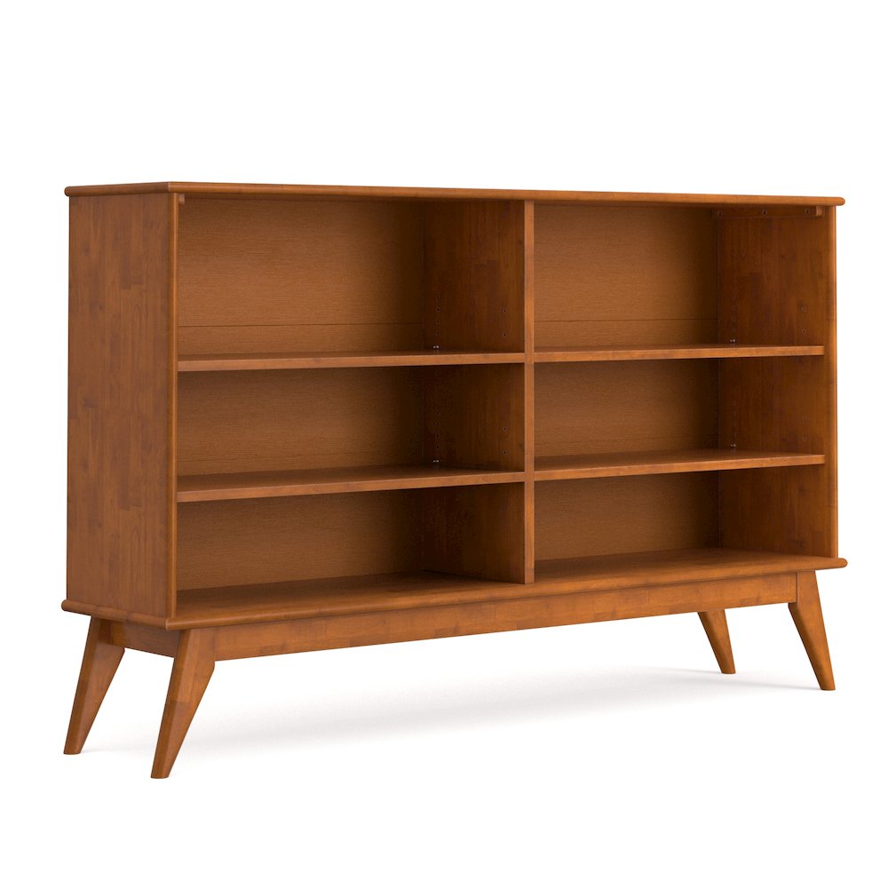 Draper 64 inch Wide Solid Wood Mid Century 6 Shelf Bookcase in Teak Brown. Picture 1