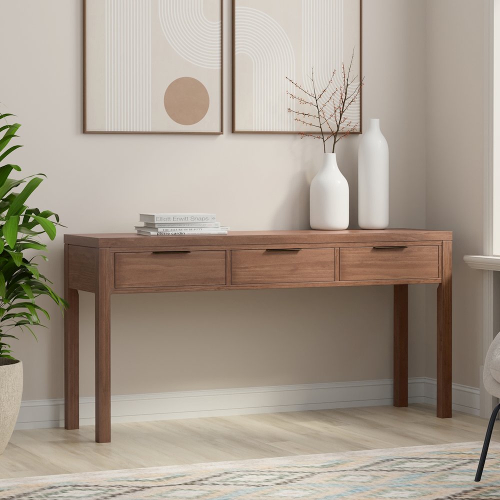 60 inch Wide Solid Wood Contemporary Console Table in Medium Saddle Brown. Picture 6