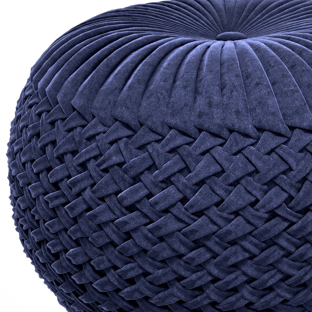 Grafton Velvet Round Pouf in Dark Blue Velvet Fabric. Picture 3