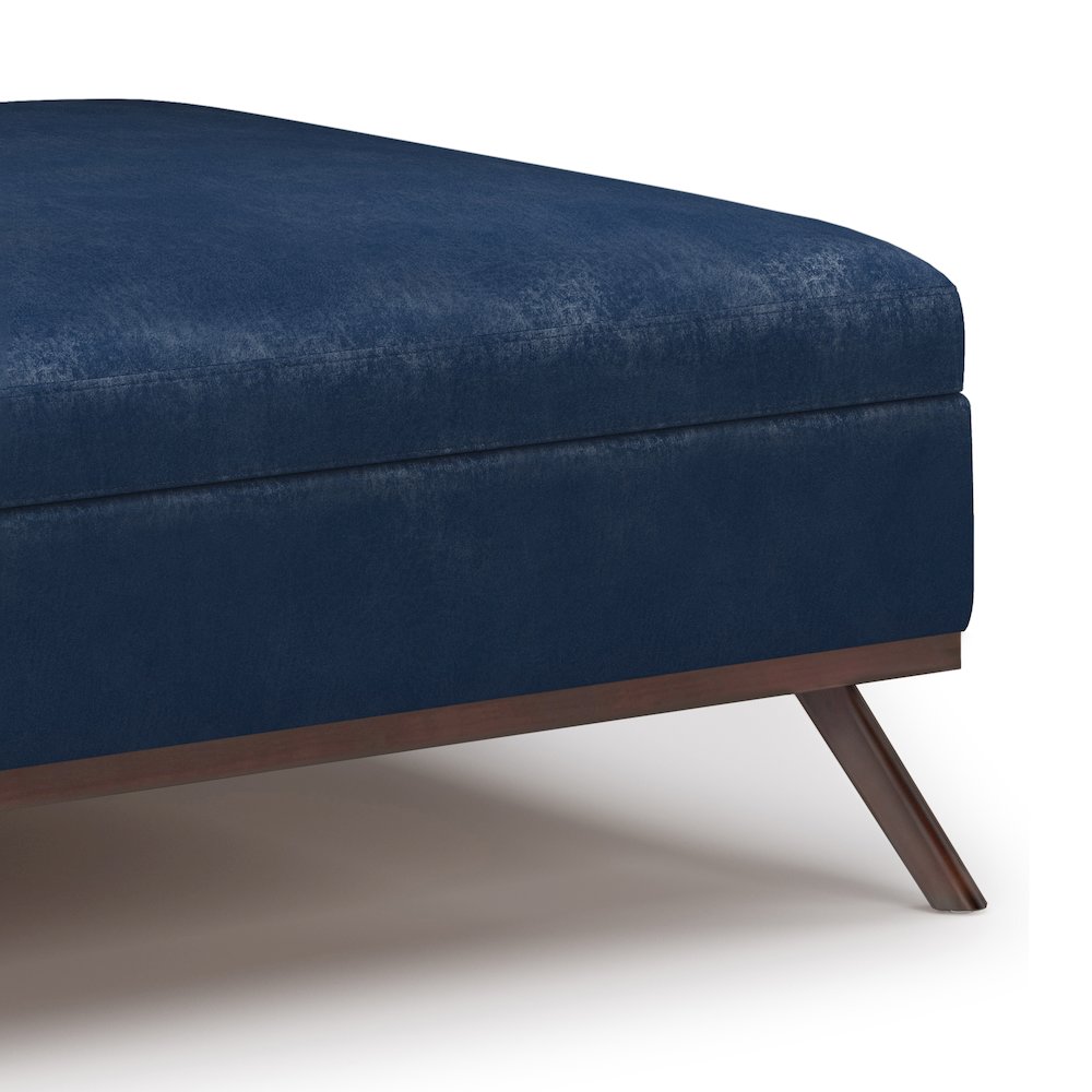 Coffee Table Storage Ottoman In Distressed Dark Blue Vegan Faux Leather. Picture 2