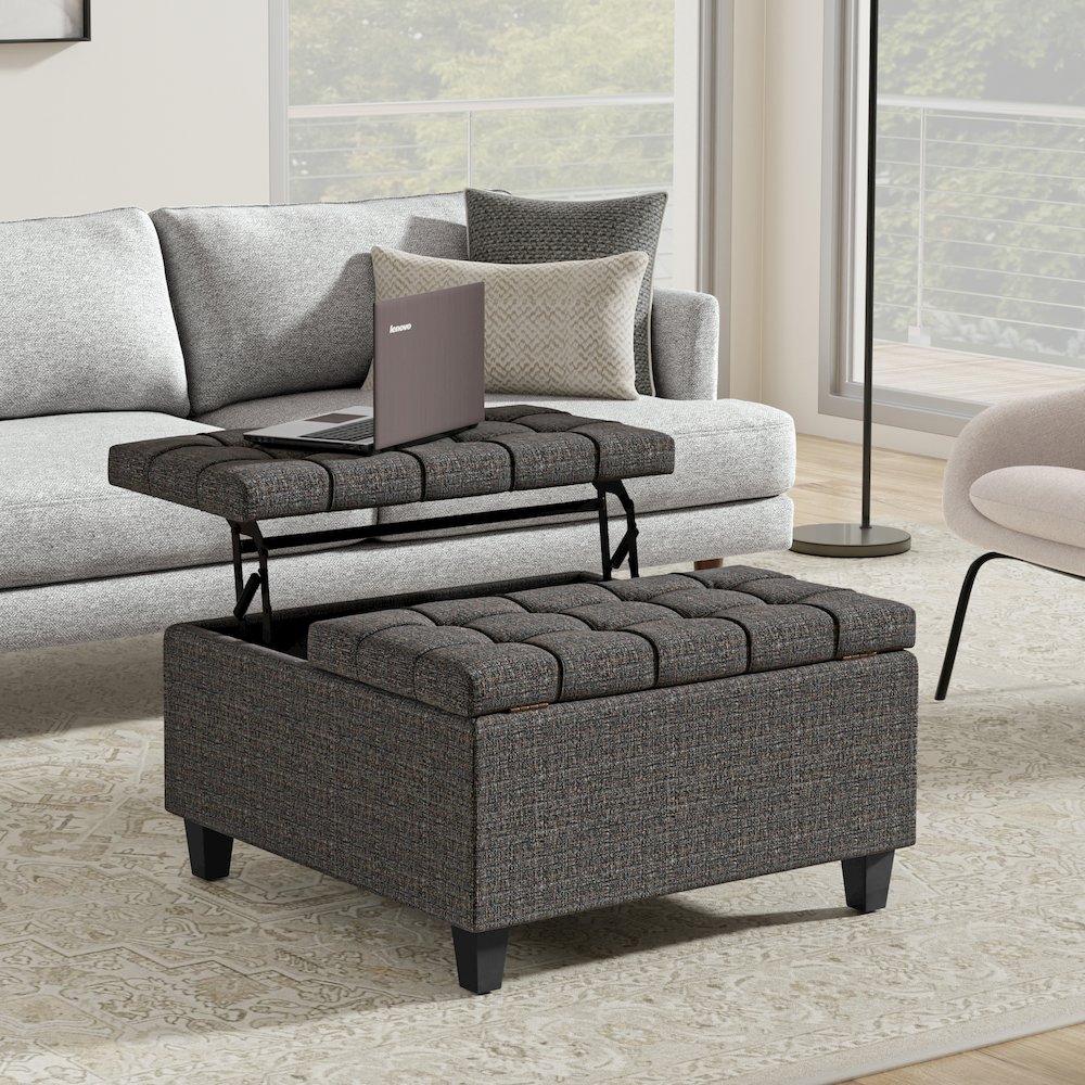 30 inch Wide Square Small Coffee Table Storage Ottoman in Ebony Tweed Polyester. Picture 7