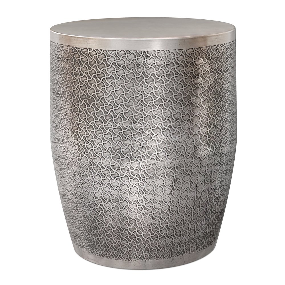 18"W Boho Web Pattern Metal Accent Table in Antique Silver Iron, Assembled. Picture 1