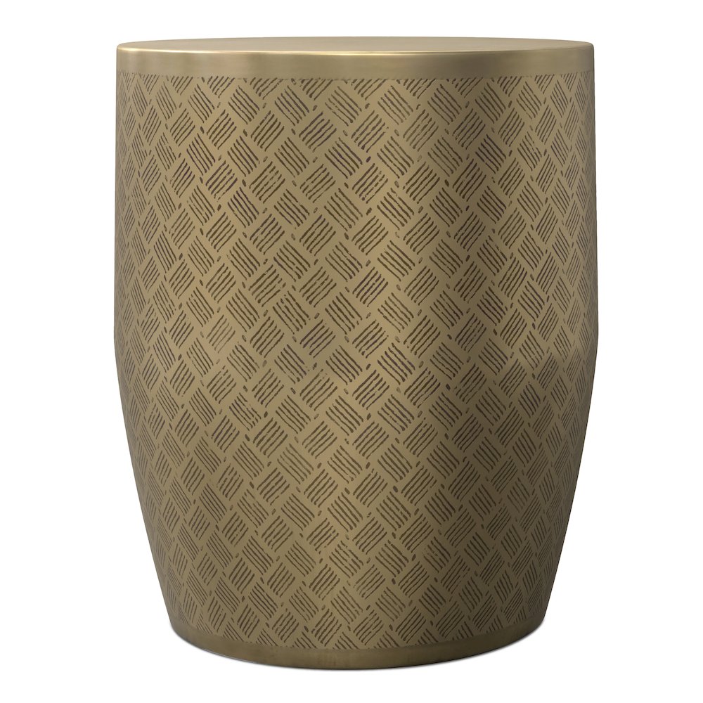 18"W Boho Cross Hatch Pattern Metal Accent Table in Antique Gold Iron, Assembled. Picture 2