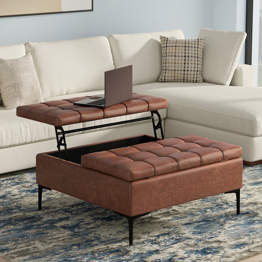 Laura Mid Century Lift Top Storage Ottoman in Distressed Saddle Brown. Picture 2