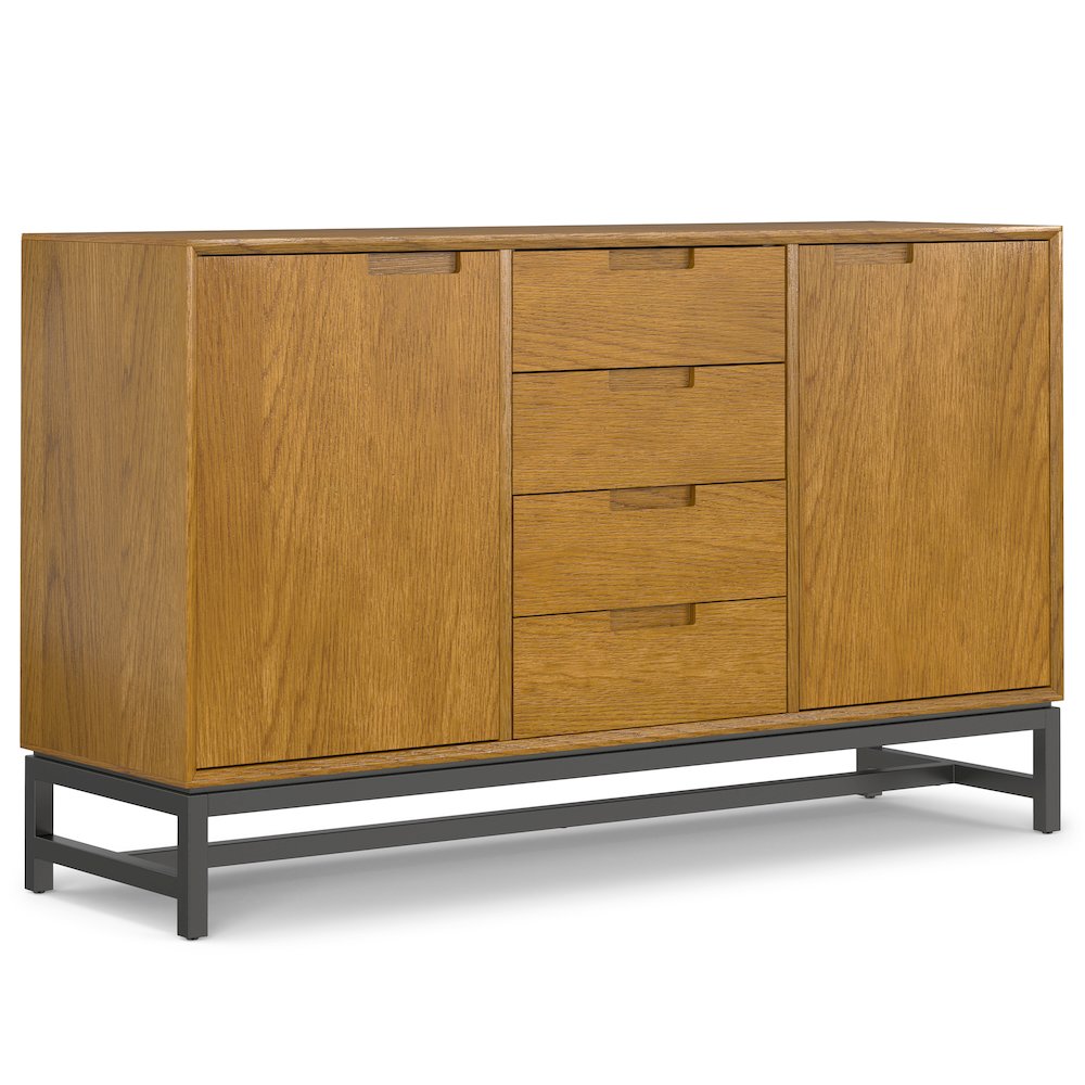 And Metal Rectangle Industrial Sideboard With Centre Drawers In Oak Veneer. Picture 1