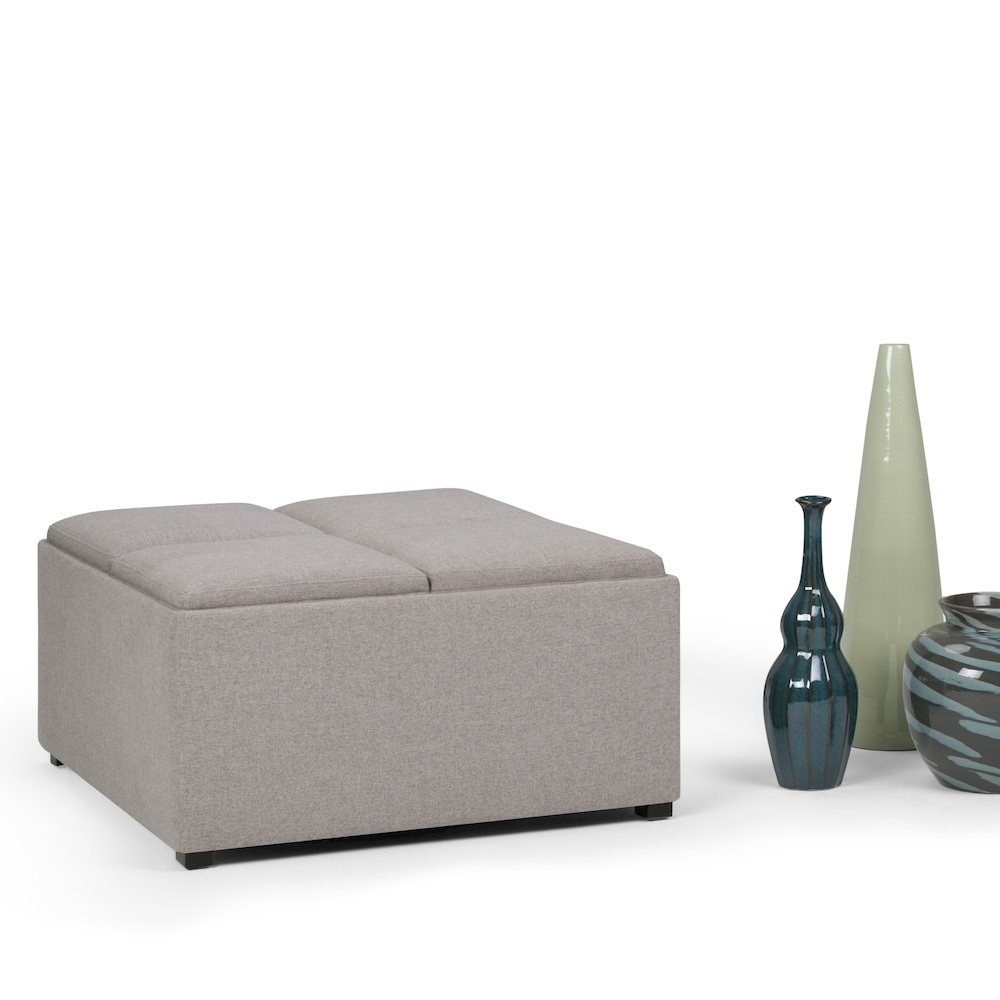 Avalon Square Coffee Table Storage Ottoman In Cloud Grey Linen Look Fabric. Picture 5