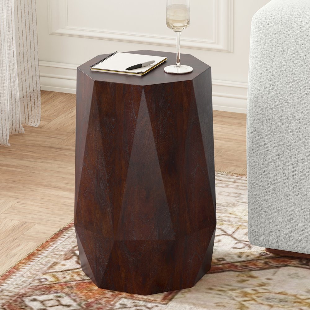 Solid Acacia Wood 15 Inch Wide Polygon Contemporary Side Table In Walnut Brown. Picture 6