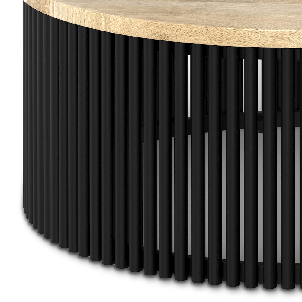 35 Inch Wide Round Industrial Contemporary Coffee Table In Natural, Black. Picture 4